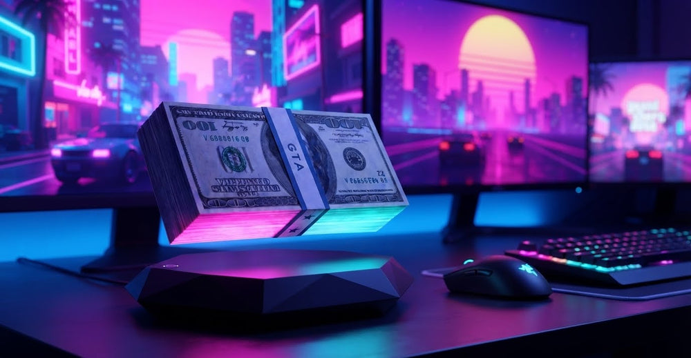 Chambre gaming éclairée au néon rose et cyan, la lampe SixLife posée sur le bureau à côté du clavier