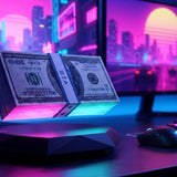 Lampe SixLife posée sur un bureau dans une chambre gaming éclairée au néon rose et cyan