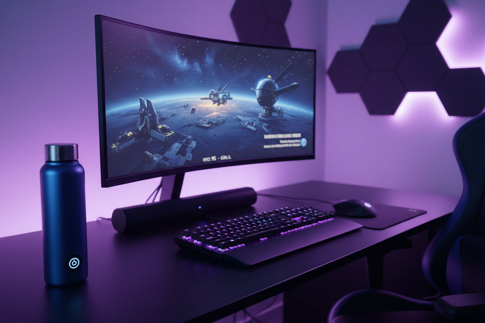 Lampe SixLife installée sur un bureau de travail, halo néon autour de la liasse en lévitation