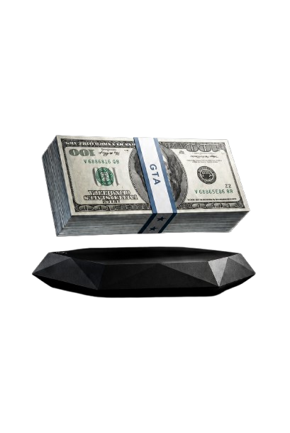 Liasse de billets décoratifs SixLife en lévitation libre au-dessus de son socle magnétique, sur fond transparent