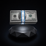 Lampe à lévitation magnétique SixLife de face : liasse de billets décoratifs en suspension au-dessus du socle noir facetté