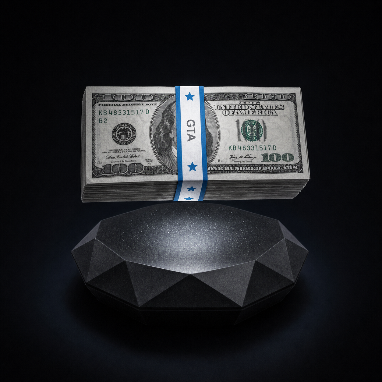 Lampe à lévitation magnétique SixLife de face : liasse de billets décoratifs en suspension au-dessus du socle noir facetté