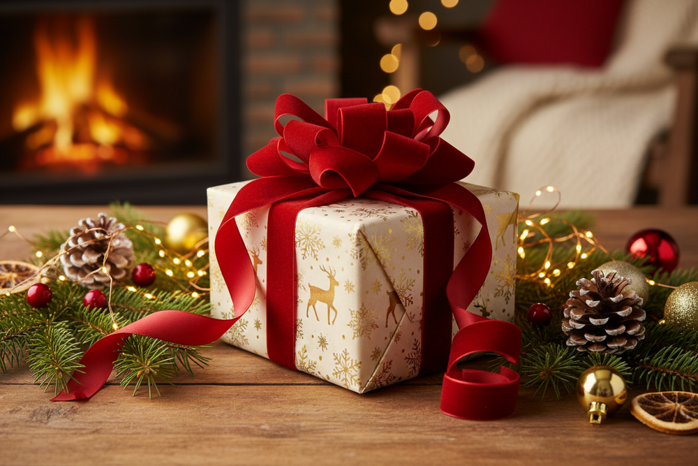 Lampe SixLife offerte en cadeau sur un bureau décoré pour Noël, lumière chaude et guirlande